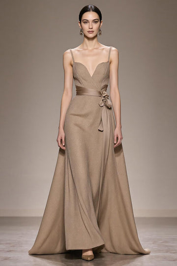 Coffee Satin A Line Long Evening Dress with Belt